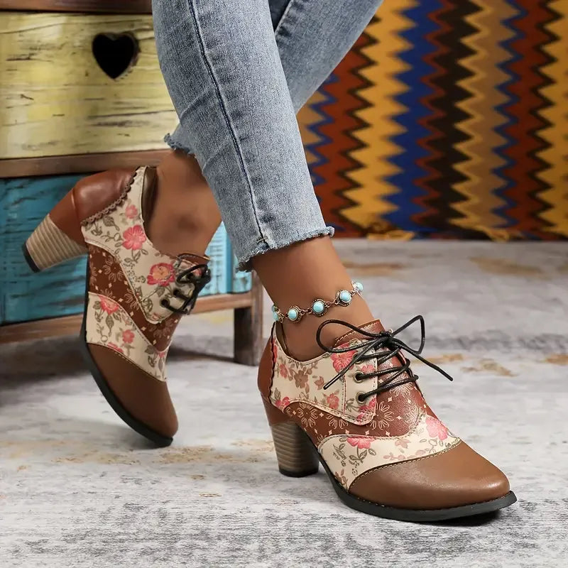 Dames Boheemse Enkellaarsjes met Blokhak – Orthopedische Comfort Veterlaarzen met Bloemenprint