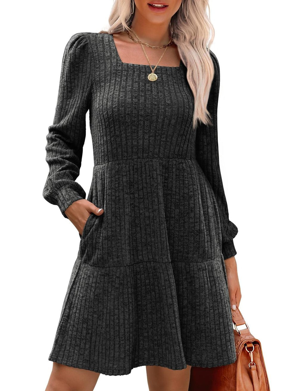 Flowy Gebreide Trui Jurk voor Dames – Casual Vierkante Hals en Lange Mouwen