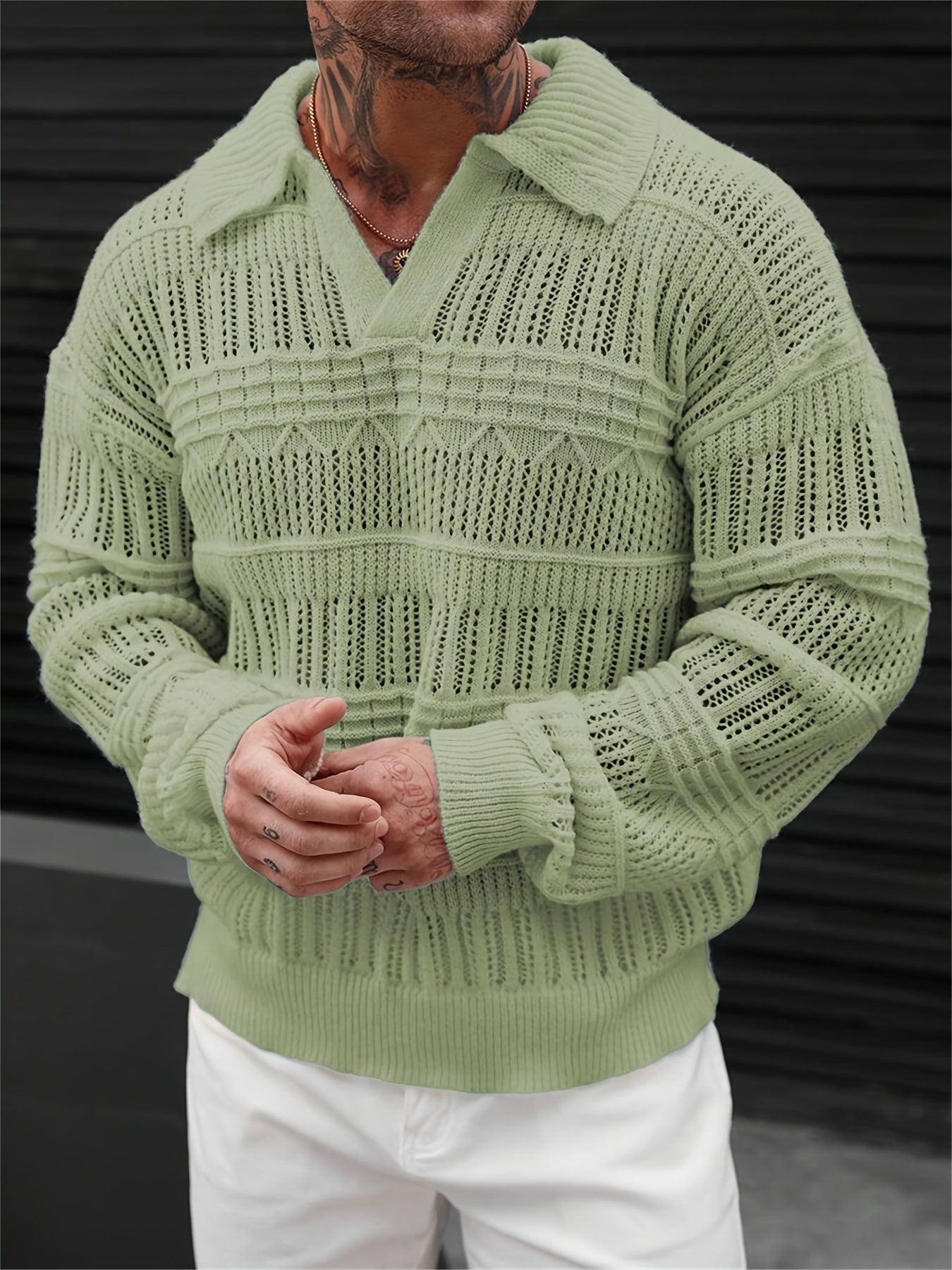 Heren Lange Mouw Open Gebreide Trui – Casual Lichtgewicht Pullover met Kraag