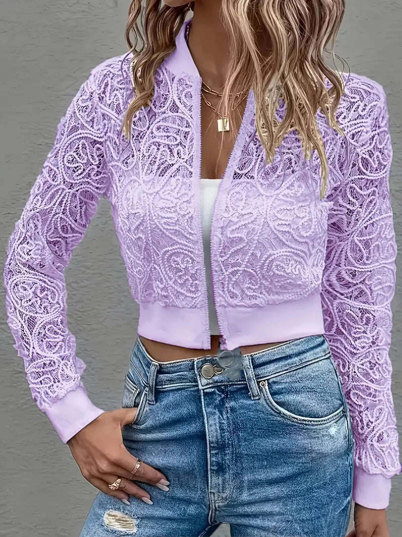 Crop Lace Bomber Jas Dames – Kanten Borduursel, Licht & Trendy Cropped Jacket
