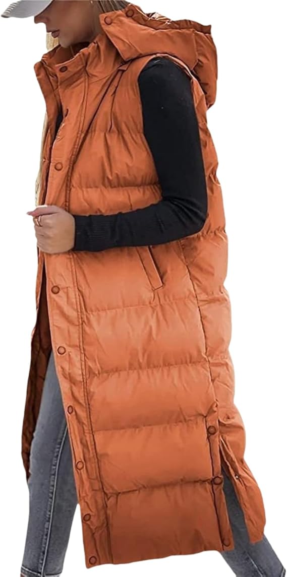 Warme Lange Gewatteerde Bodywarmer voor Dames – Mouwloos Vest met Capuchon en Zijsplitten