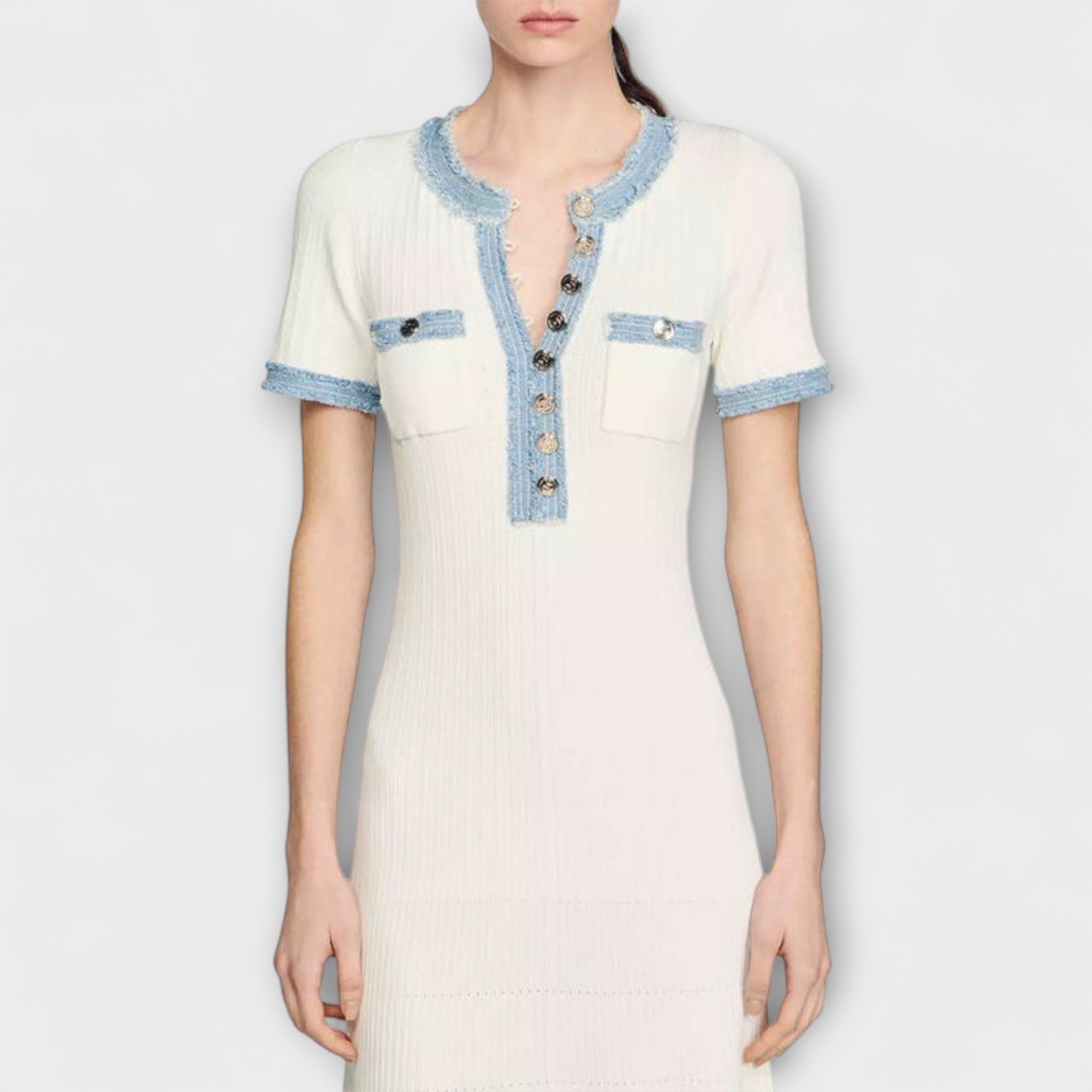 Elegante Maxi Jurk met Korte Mouwen, Knopen Voorzijde & Denim Afwerking | Stijlvolle Zomeroutfit voor Dames