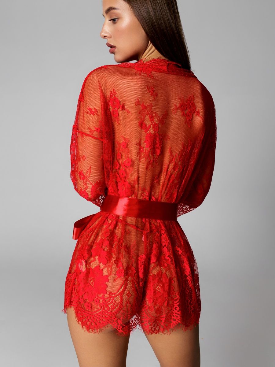 Seductive Red Lace Robe with Satin Belt