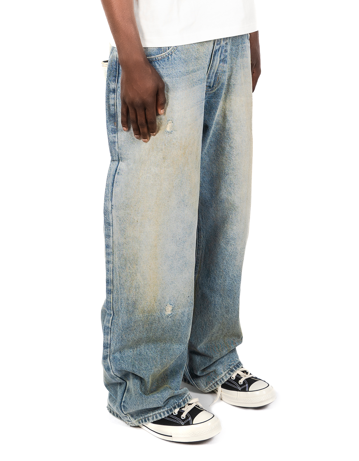 Heren Lichtgewassen Denim – Stevige & Stijlvolle Jeans met Suède Patch Achterkant