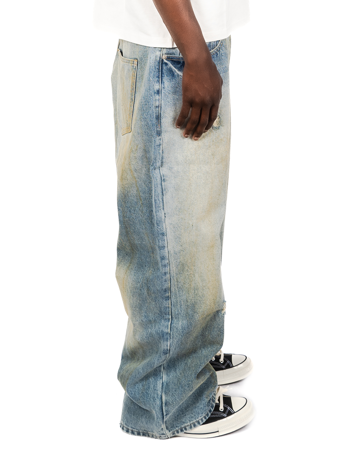 Heren Lichtgewassen Denim – Stevige & Stijlvolle Jeans met Suède Patch Achterkant