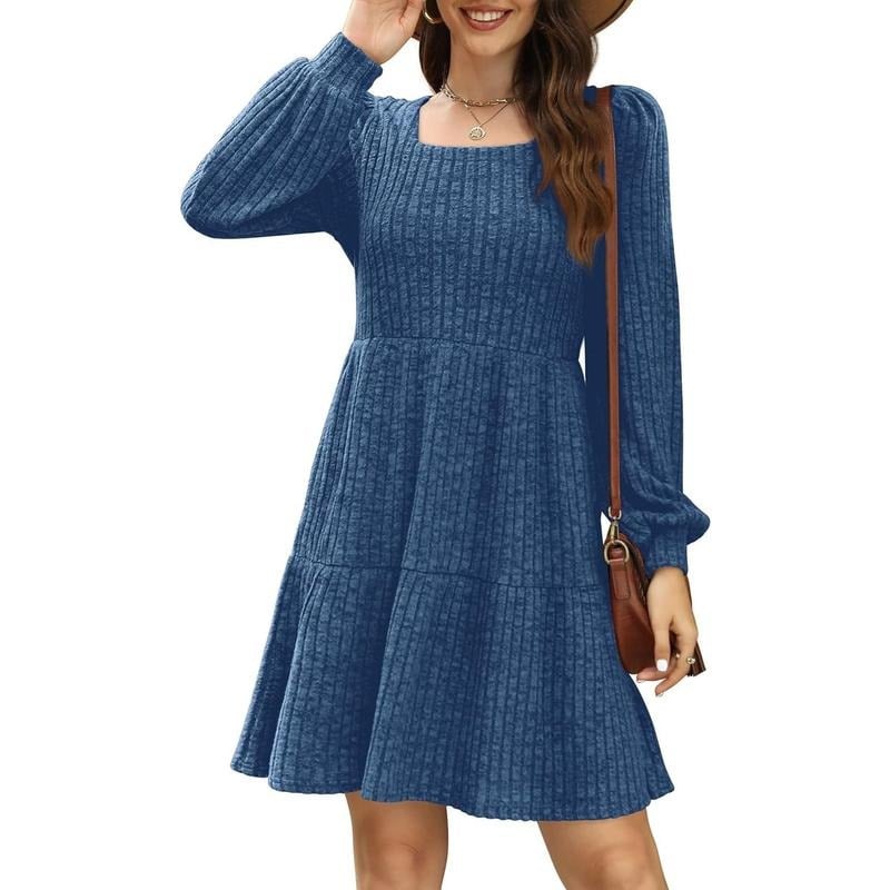 Flowy Gebreide Trui Jurk voor Dames – Casual Vierkante Hals en Lange Mouwen