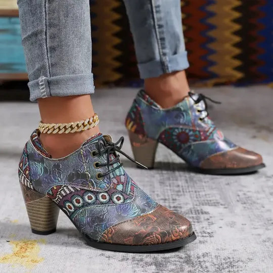 Dames Boheemse Enkellaarsjes met Blokhak – Orthopedische Comfort Veterlaarzen met Bloemenprint