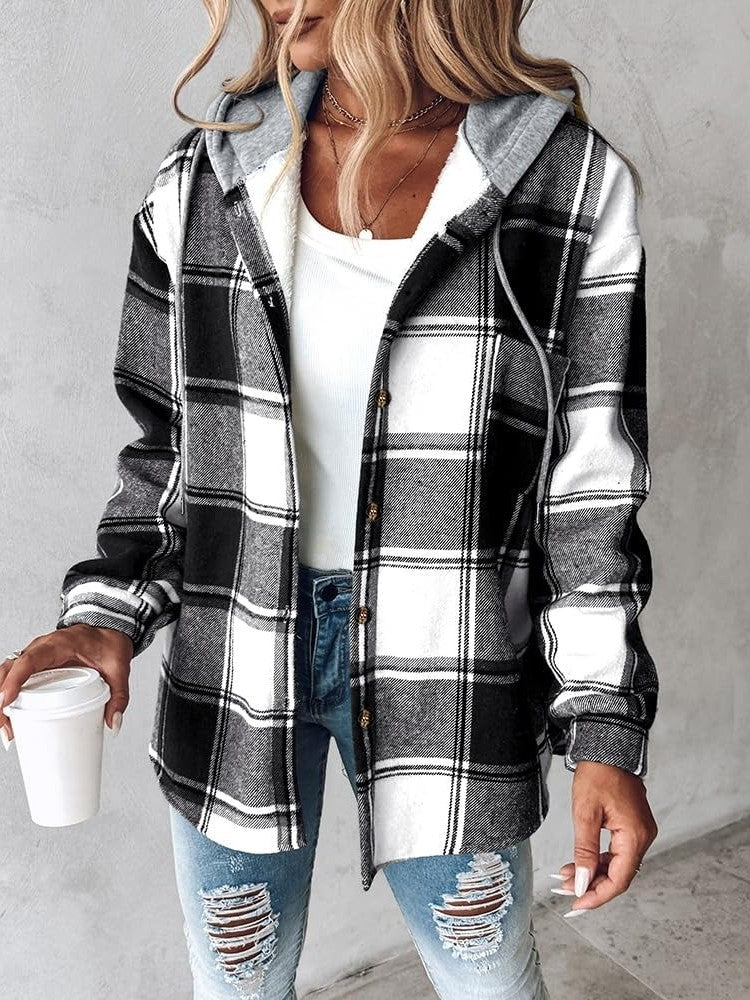 Dames Geruite Jas met Capuchon – Warme Fleece Gevoerde Button-Down Winterjas