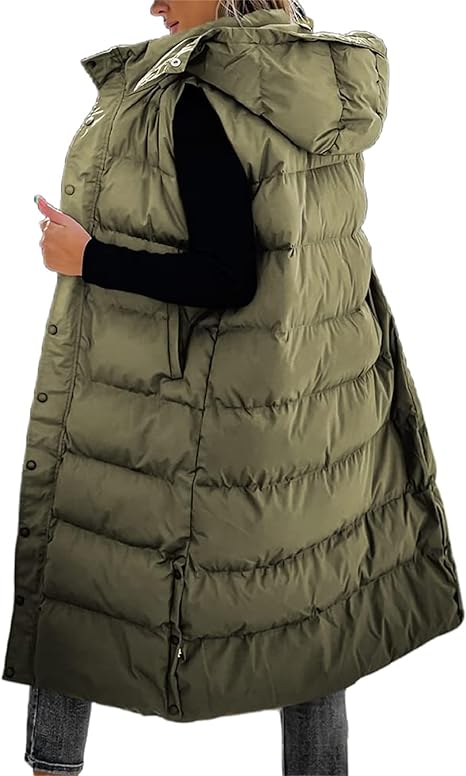 Warme Lange Gewatteerde Bodywarmer voor Dames – Mouwloos Vest met Capuchon en Zijsplitten