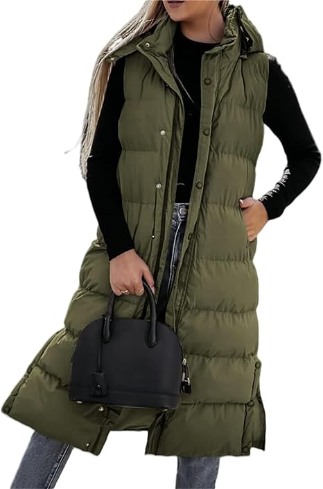 Warme Lange Gewatteerde Bodywarmer voor Dames – Mouwloos Vest met Capuchon en Zijsplitten