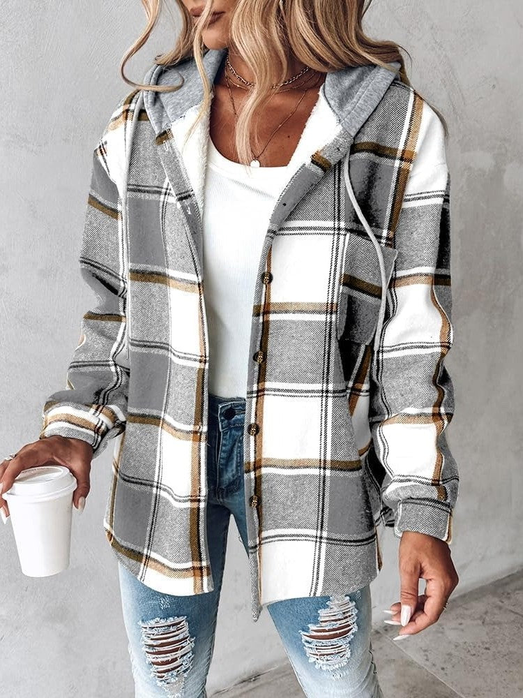 Dames Geruite Jas met Capuchon – Warme Fleece Gevoerde Button-Down Winterjas