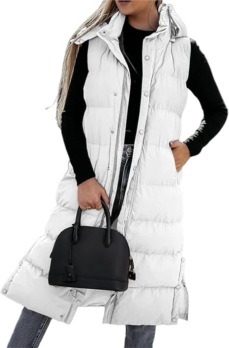 Warme Lange Gewatteerde Bodywarmer voor Dames – Mouwloos Vest met Capuchon en Zijsplitten