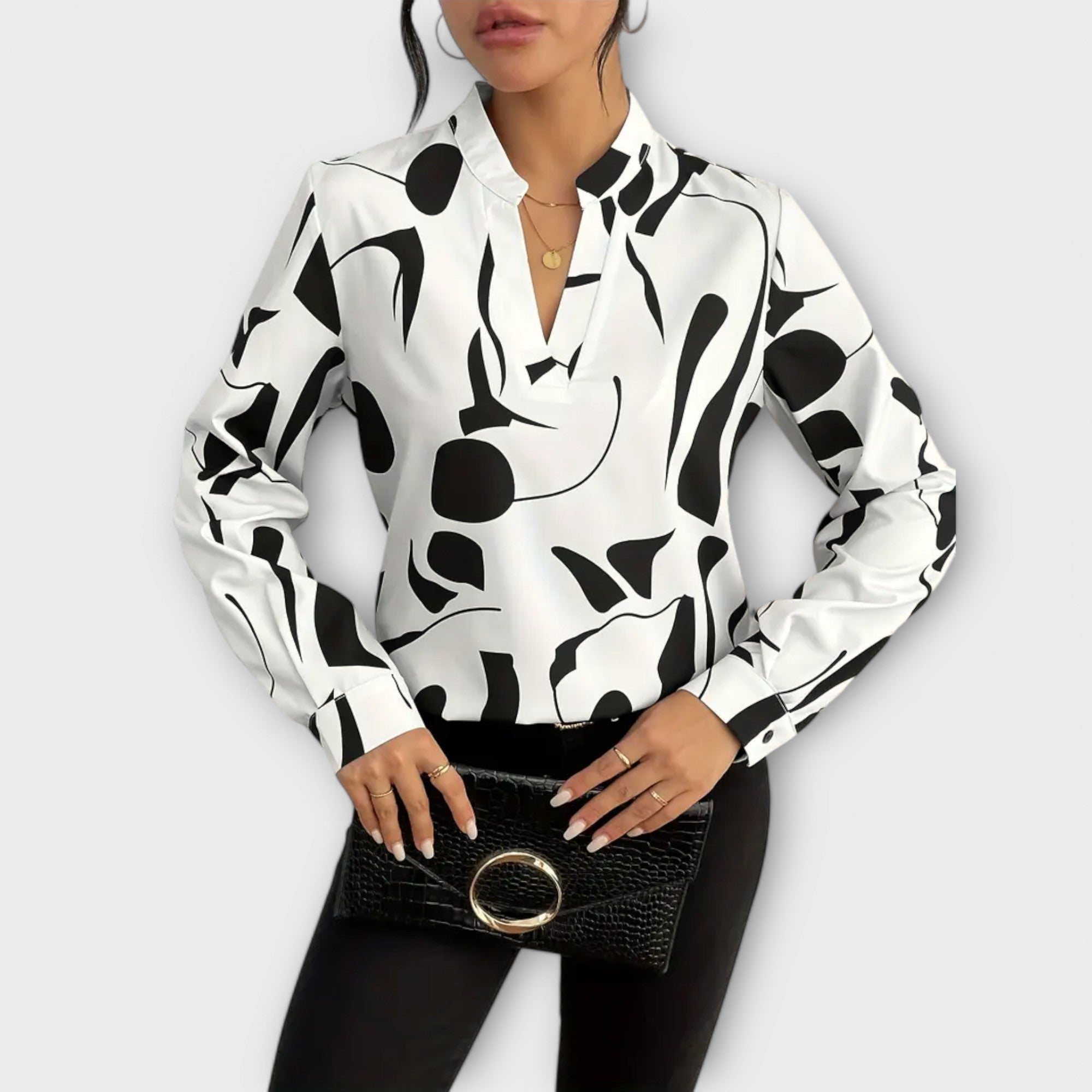 Elegante Dames Blouse met Lange Mouwen & V-Hals – Geometrisch Design | Voorjaars- & Zomercollectie