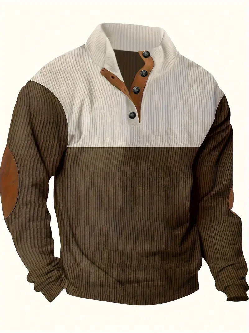 Heren Trui met Contrasterende Kraag en Knopen – Casual Pullover met Elleboogstukken, Warme Gebreide Trui voor Herfst en Winter