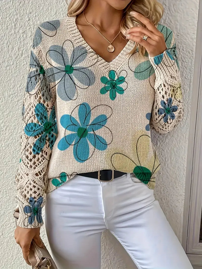 Elegante Lange Mouwen Trui Met Bloemenprint – Comfortabele Damestrui voor Casual & Stijlvolle Outfits
