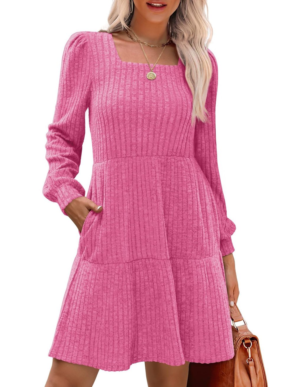 Flowy Gebreide Trui Jurk voor Dames – Casual Vierkante Hals en Lange Mouwen