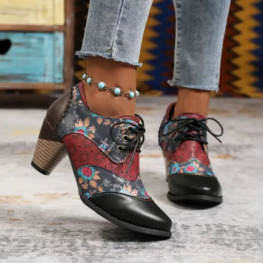 Dames Boheemse Enkellaarsjes met Blokhak – Orthopedische Comfort Veterlaarzen met Bloemenprint