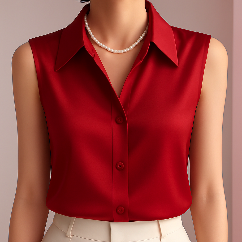 Dames Mouwloze Satijnen Blouse met Gestructureerde Kraag en Getailleerde Pasvorm – Elegante Top van Kantoor tot Avond