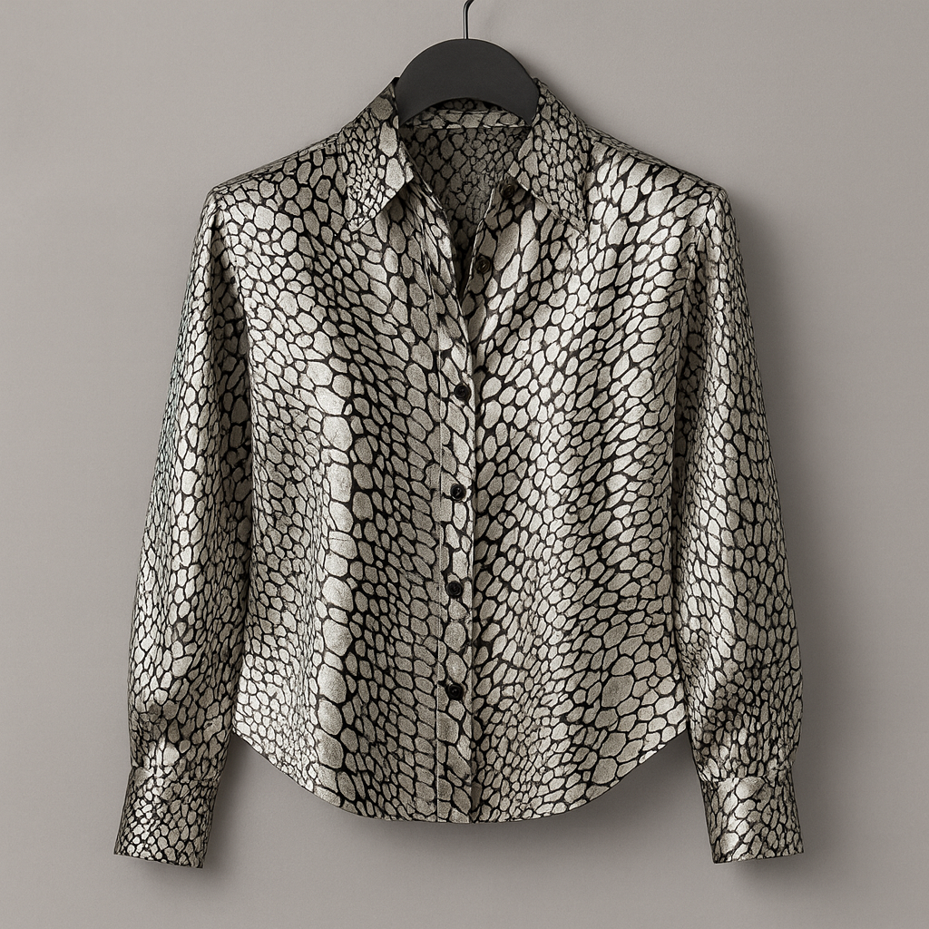 Dames Satijnen Leopard Top – Glanzende Blouse met Kraag & Lange Mouwen