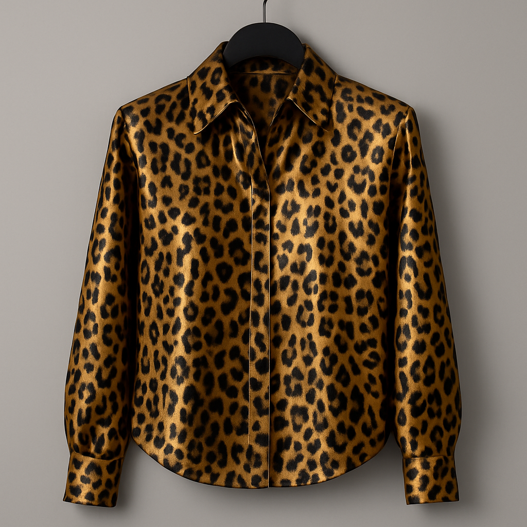 Dames Satijnen Leopard Top – Glanzende Blouse met Kraag & Lange Mouwen