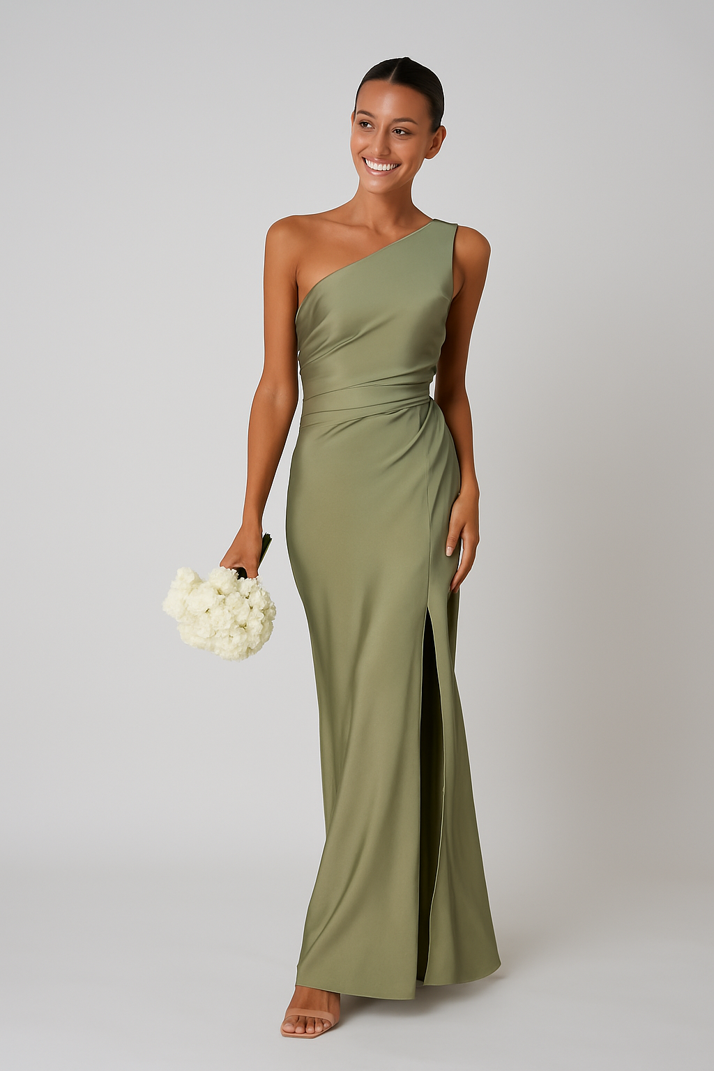 Elegante One-Shoulder Maxi Jurk met Satijn Glans en Hoge Split – Getailleerde Avondjurk
