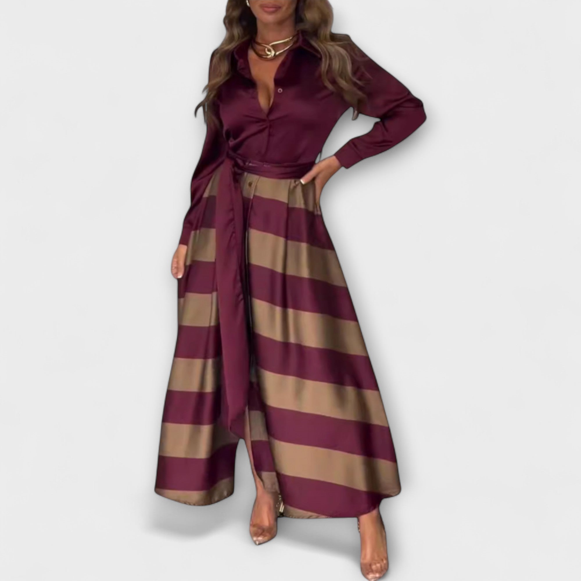 Elegante Jurk met Overhemdkraag, Gestreepte Rok & Tailleceintuur – Perfect voor Bijzondere Gelegenheden