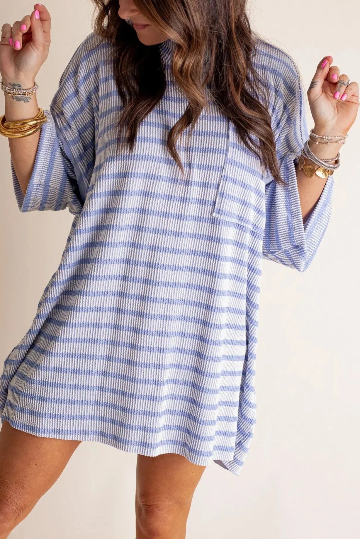 Dames Losse Gestreepte Gebreide Top – Zachte Geribde Ronde Hals Pullover met Voorzak voor Dagelijks Gebruik