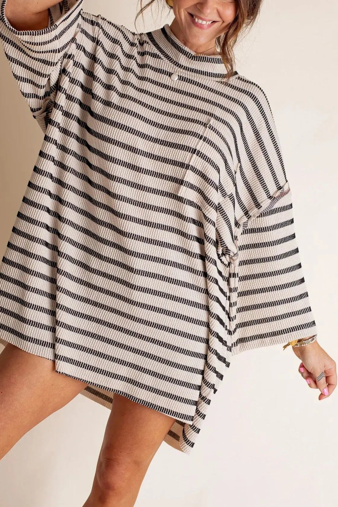 Dames Losse Gestreepte Gebreide Top – Zachte Geribde Ronde Hals Pullover met Voorzak voor Dagelijks Gebruik