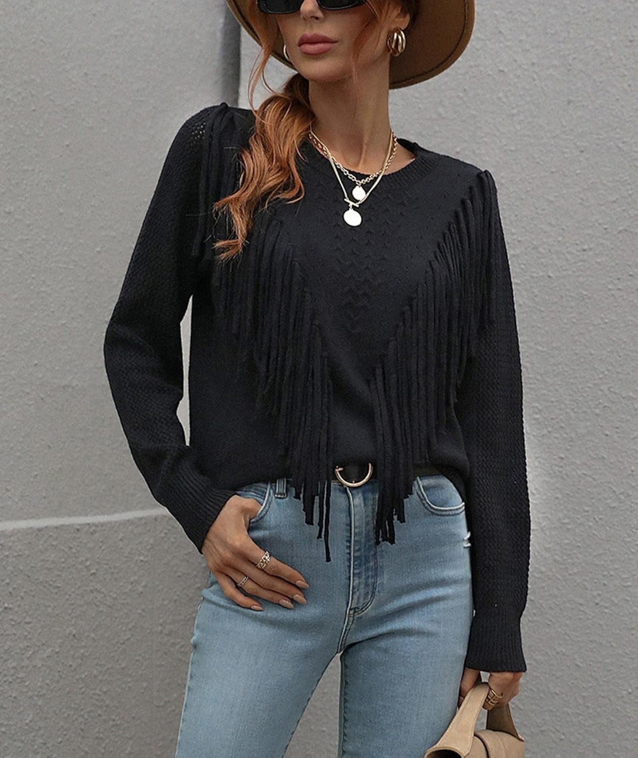 Dames Gebreide Trui met Franjes – Lange Mouwen Pullover met Boho Chic Details