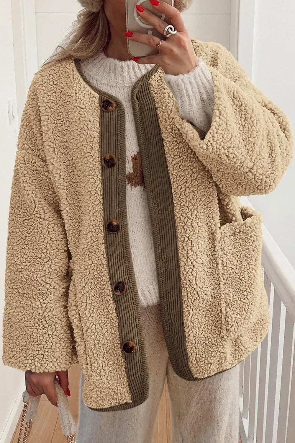 Dames Fleece Sherpa Jas – Zachte Lamsvachtstof Jas met Knopen en Zakken voor Herfst en Winter