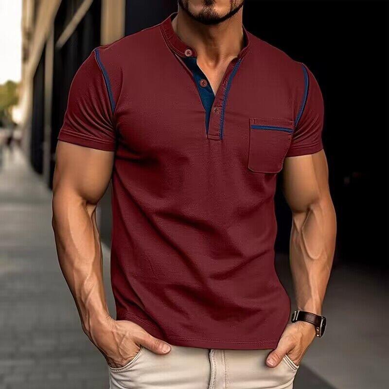 Heren T-Shirt met Henley Kraag – Katoen, Korte Mouw & Colorblock Design