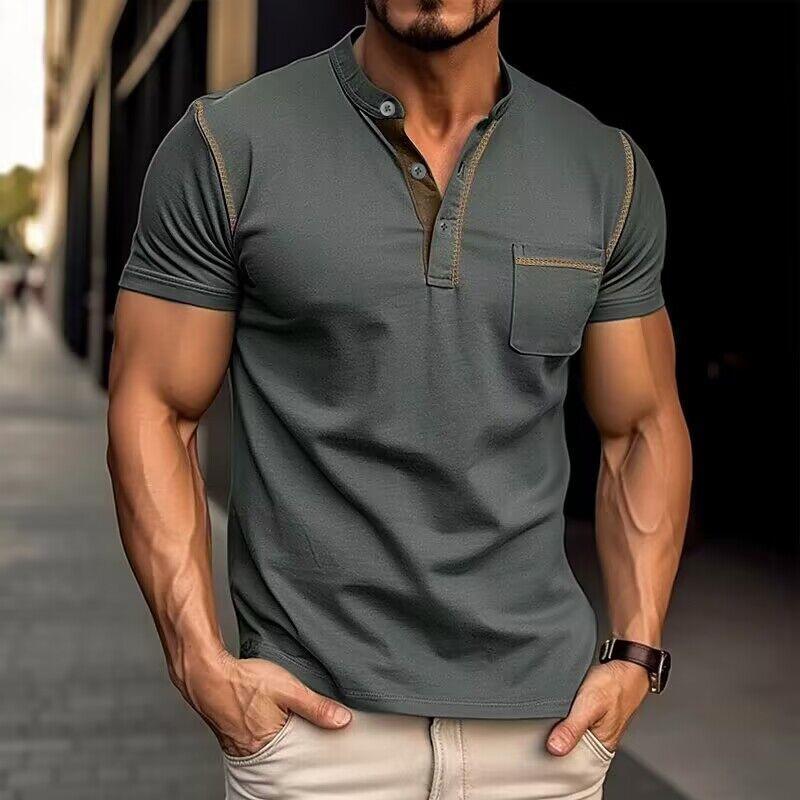 Heren T-Shirt met Henley Kraag – Katoen, Korte Mouw & Colorblock Design
