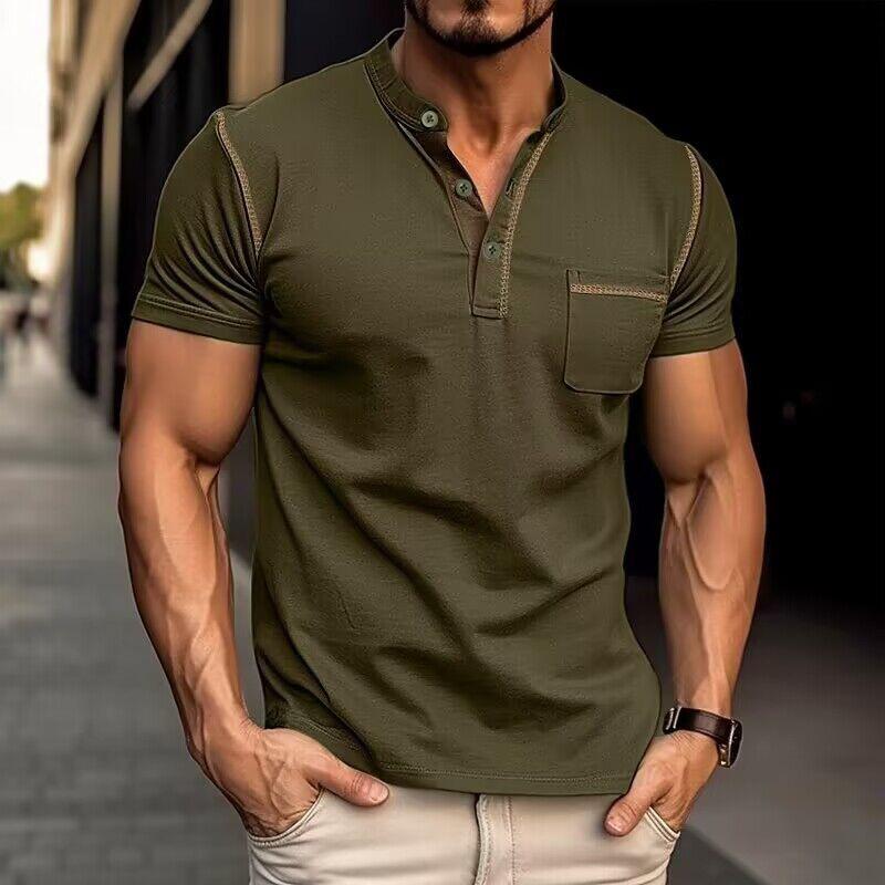 Heren T-Shirt met Henley Kraag – Katoen, Korte Mouw & Colorblock Design