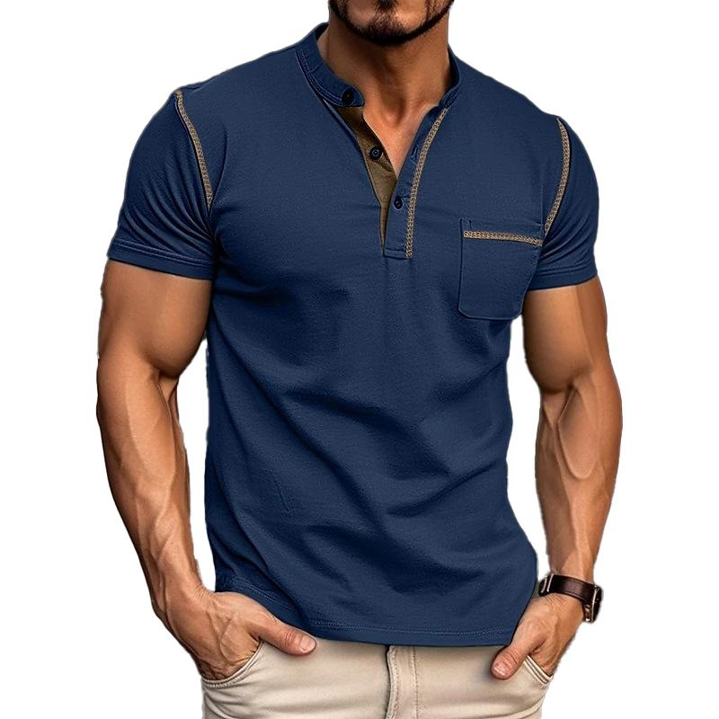Heren T-Shirt met Henley Kraag – Katoen, Korte Mouw & Colorblock Design