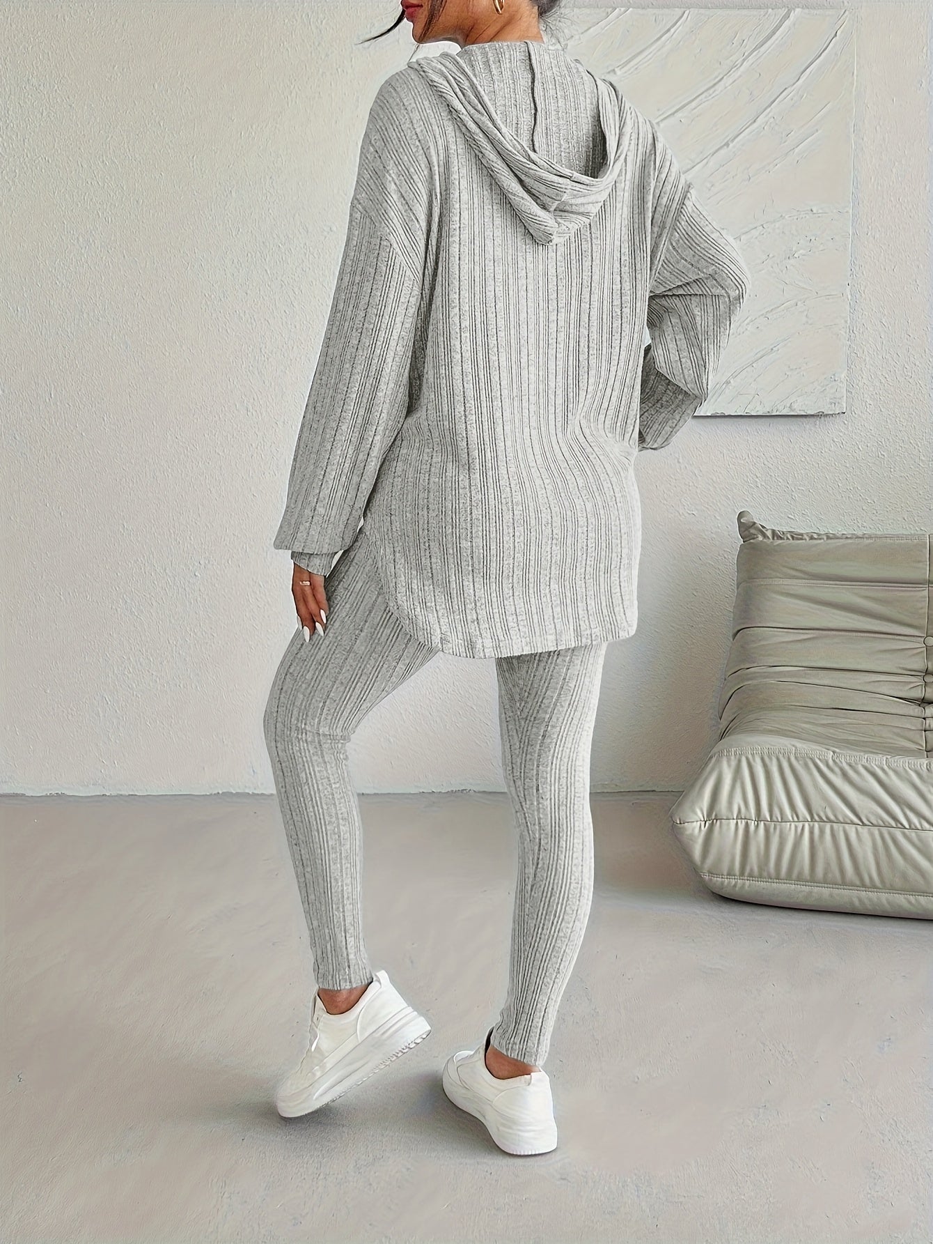 Geribde Tweedelige Loungewear Set – Oversized Hoodie met Hoge Taille Leggings