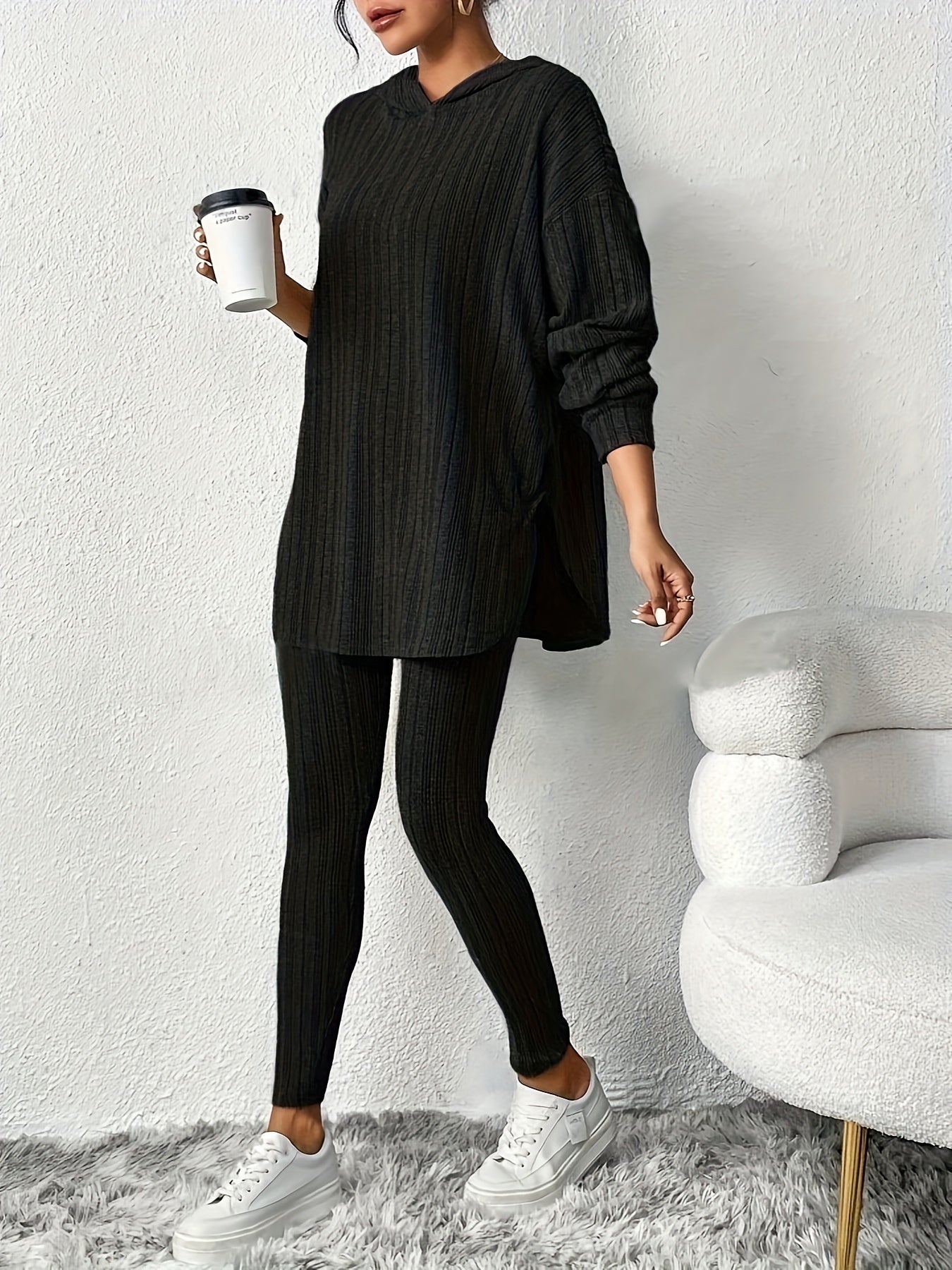 Geribde Tweedelige Loungewear Set – Oversized Hoodie met Hoge Taille Leggings