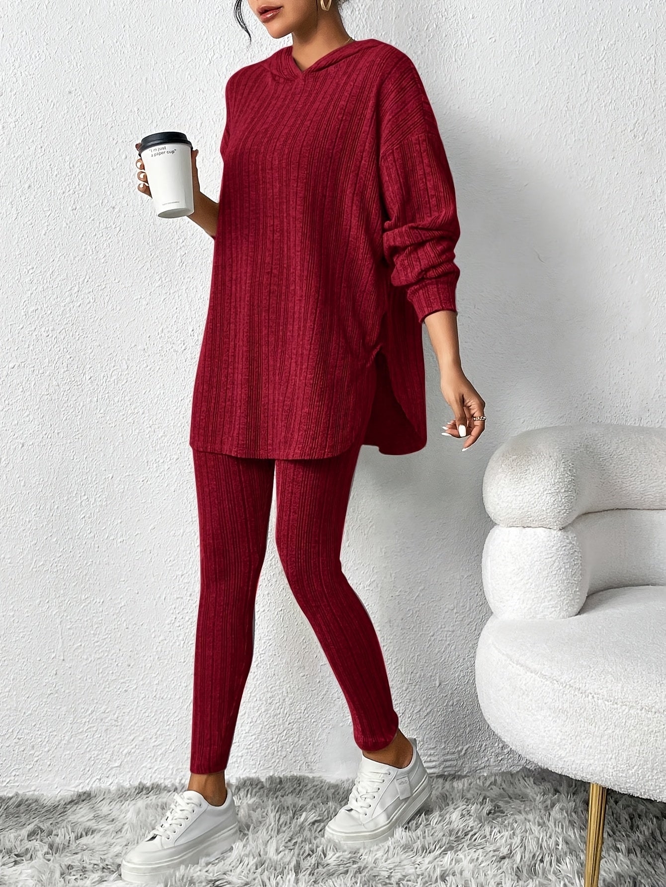 Geribde Tweedelige Loungewear Set – Oversized Hoodie met Hoge Taille Leggings
