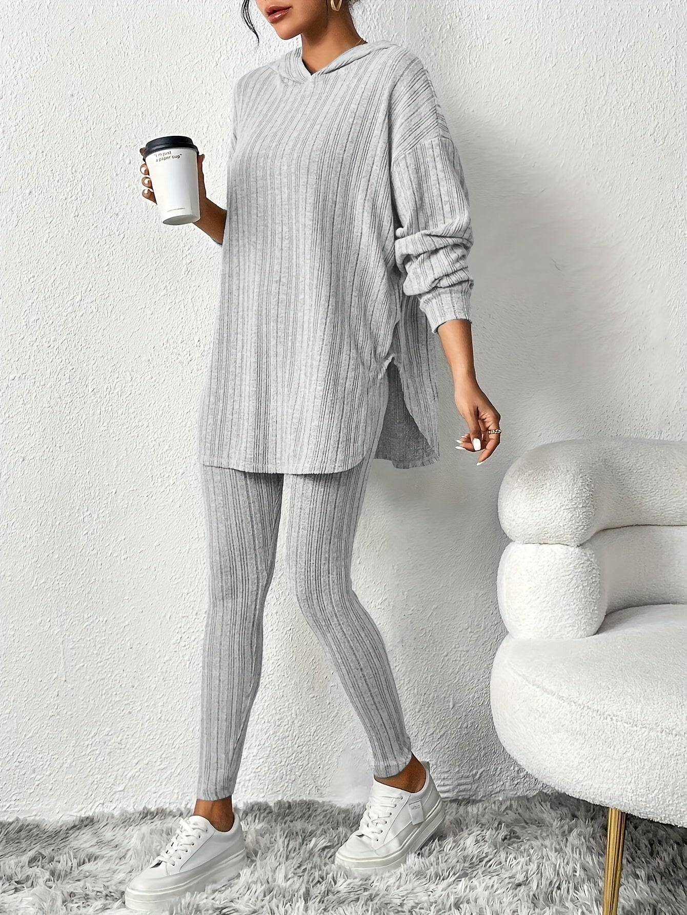Geribde Tweedelige Loungewear Set – Oversized Hoodie met Hoge Taille Leggings