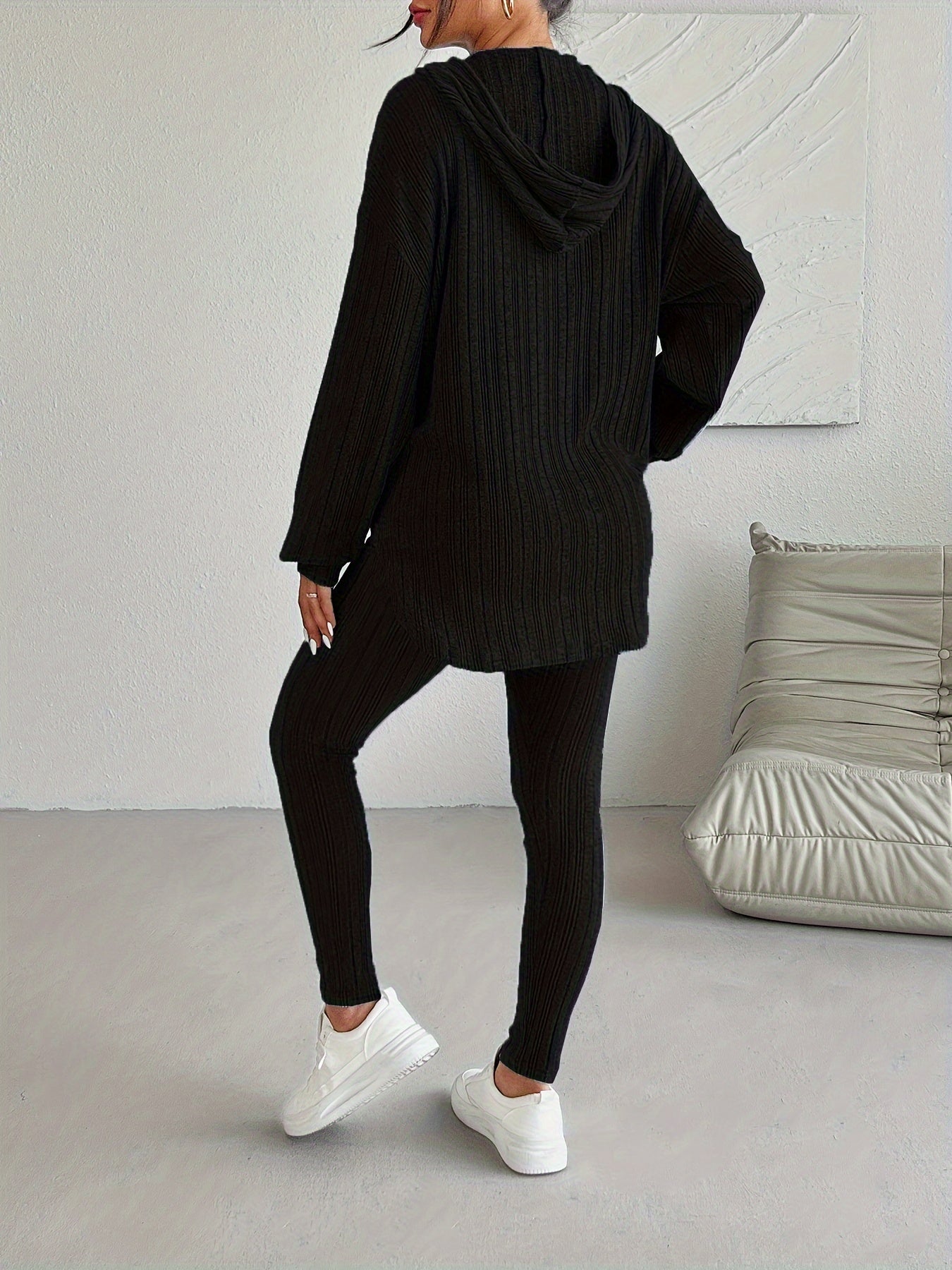 Geribde Tweedelige Loungewear Set – Oversized Hoodie met Hoge Taille Leggings