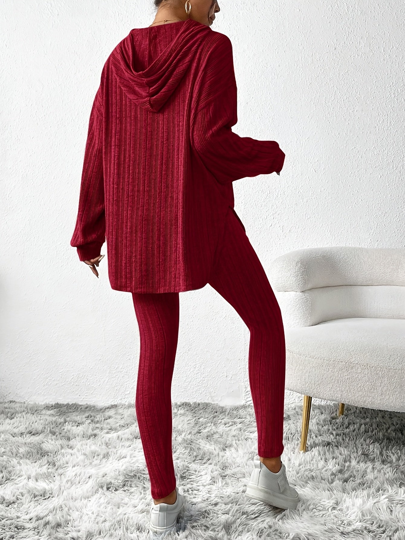 Geribde Tweedelige Loungewear Set – Oversized Hoodie met Hoge Taille Leggings