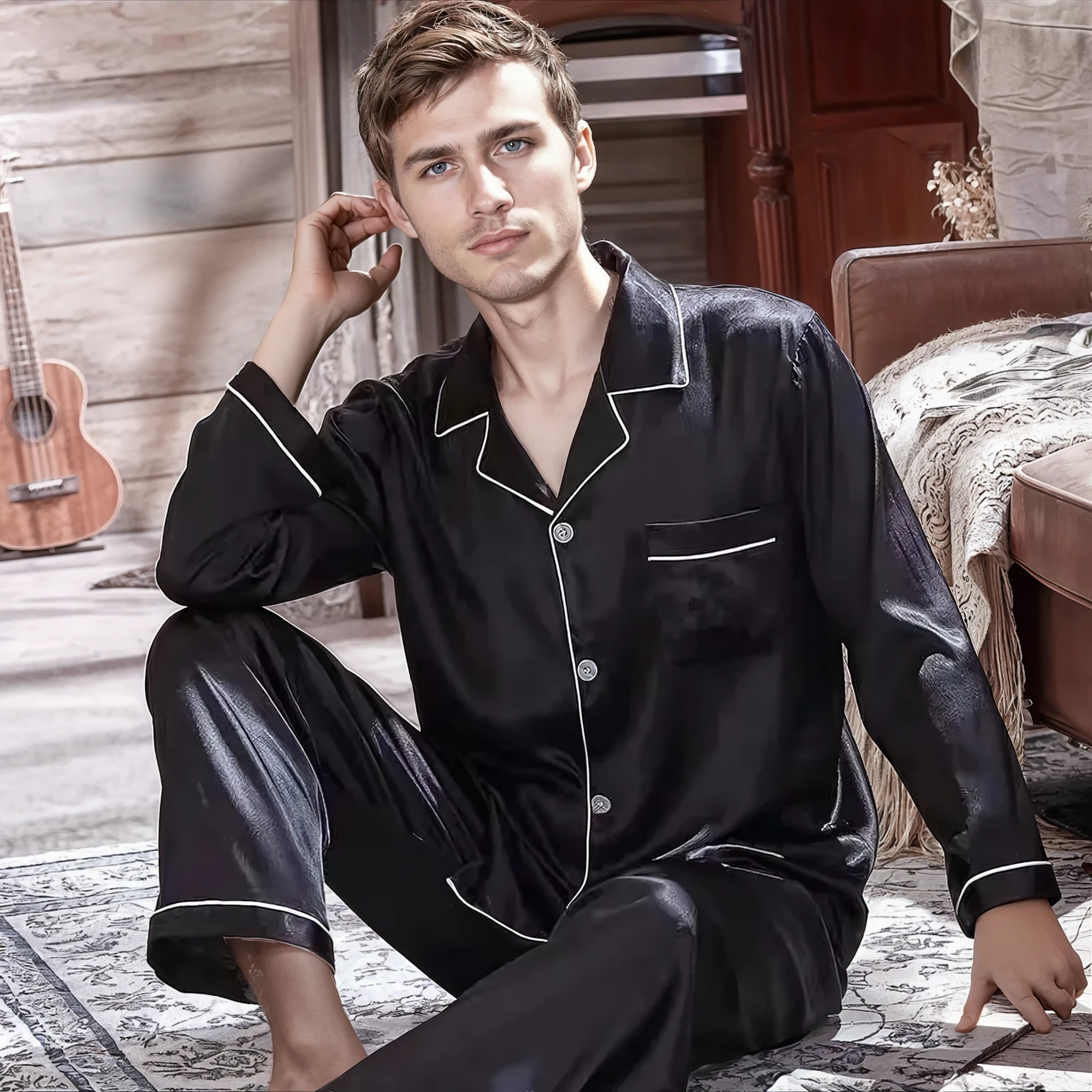 Heren Satijnen Pyjama Set – Lichtgewicht Lange Mouw Nachtkleding voor Ultiem Comfort