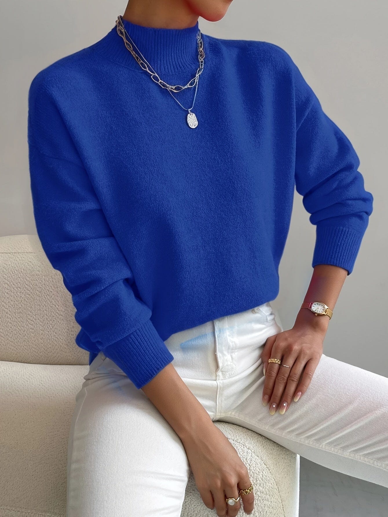 Dames High-Neck Trui – Elegante Gebreide Katoenen Trui, Comfortabel & Veelzijdig
