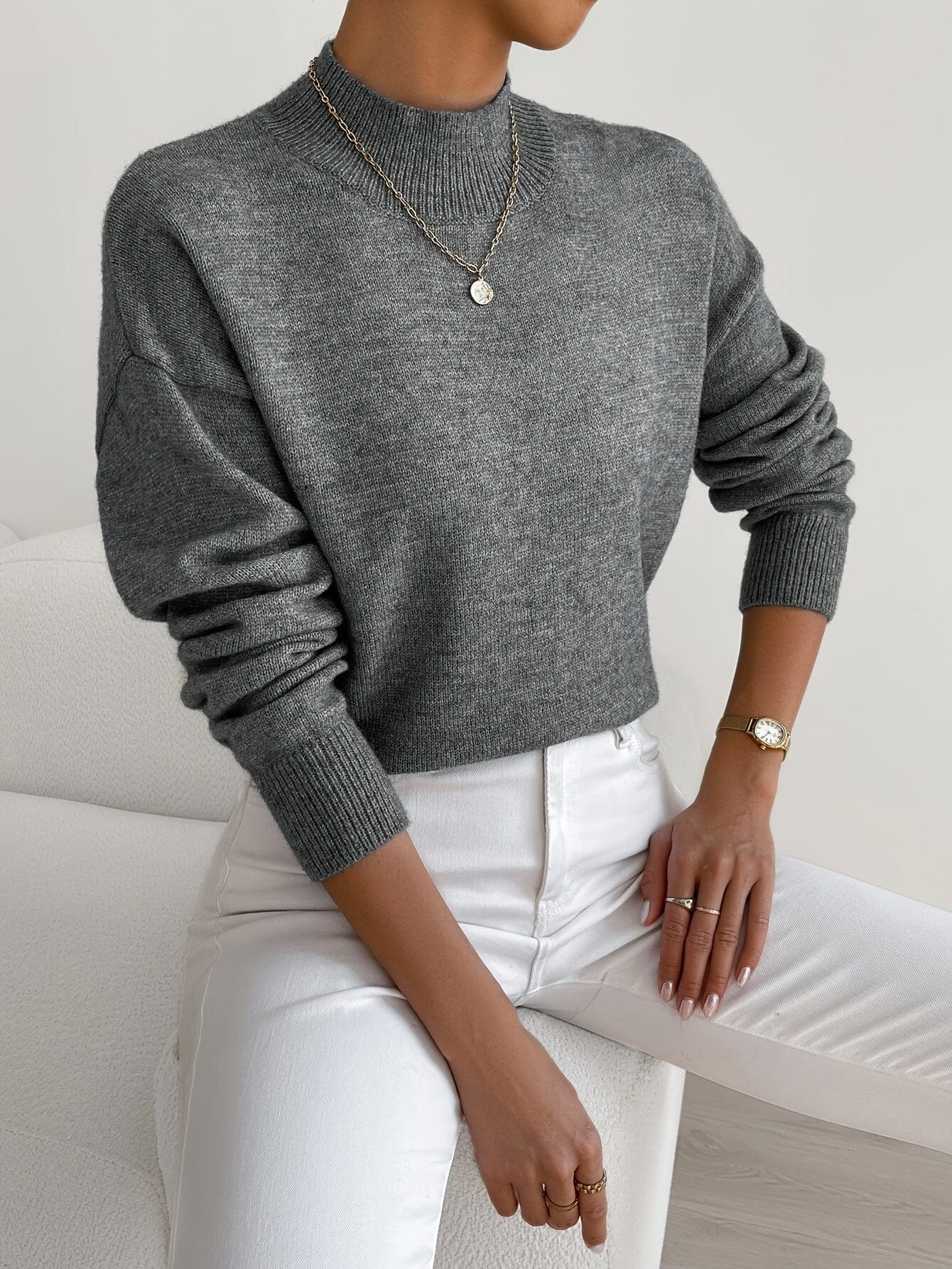 Dames High-Neck Trui – Elegante Gebreide Katoenen Trui, Comfortabel & Veelzijdig