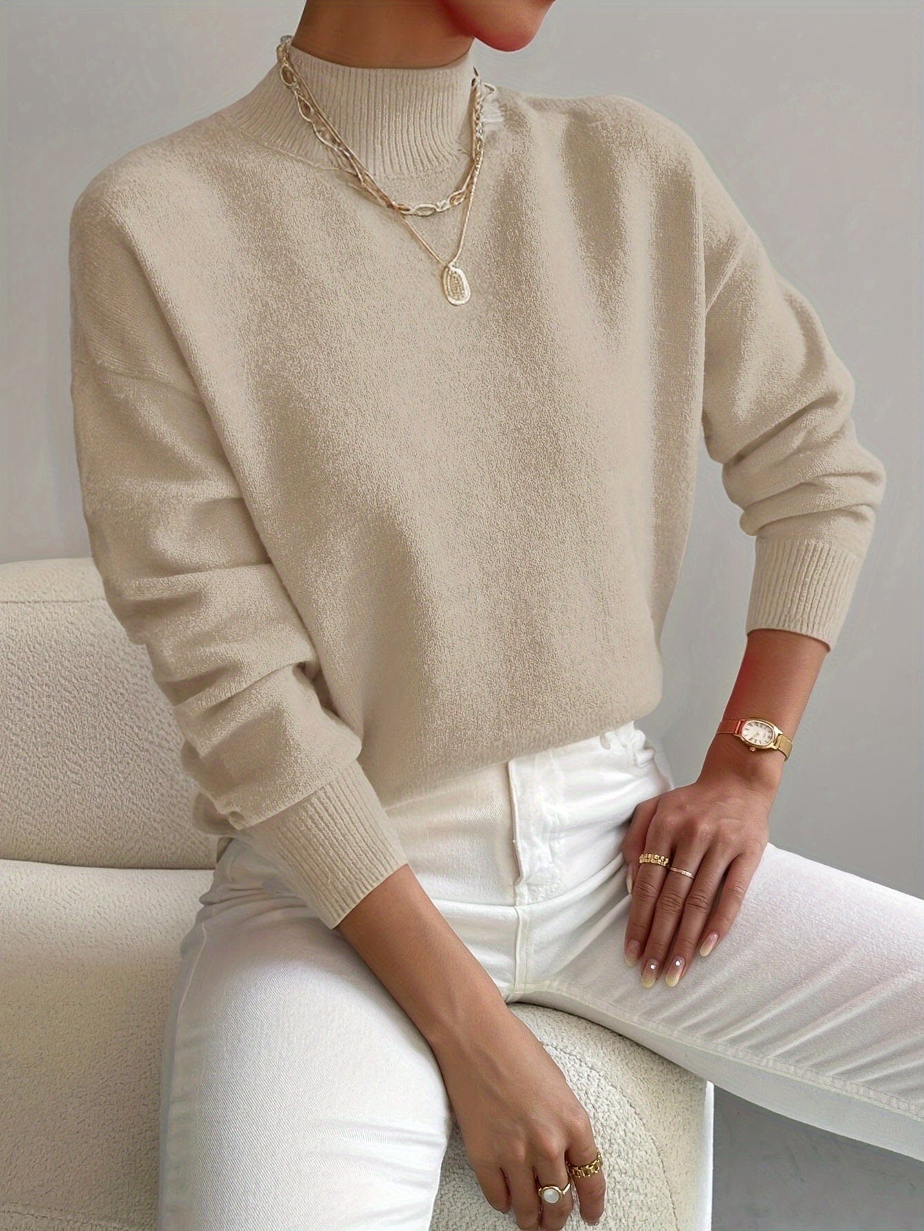 Dames High-Neck Trui – Elegante Gebreide Katoenen Trui, Comfortabel & Veelzijdig