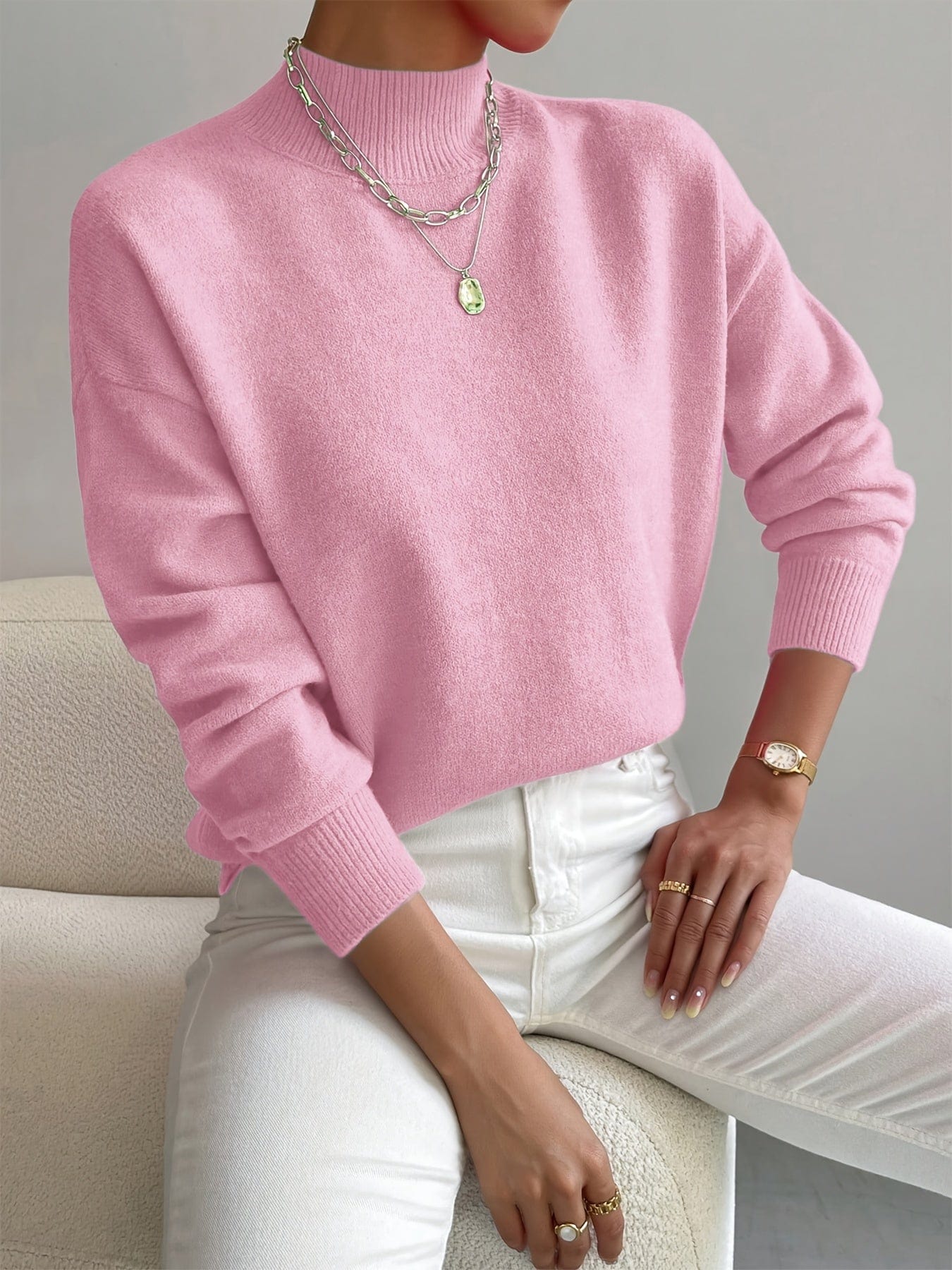 Dames High-Neck Trui – Elegante Gebreide Katoenen Trui, Comfortabel & Veelzijdig