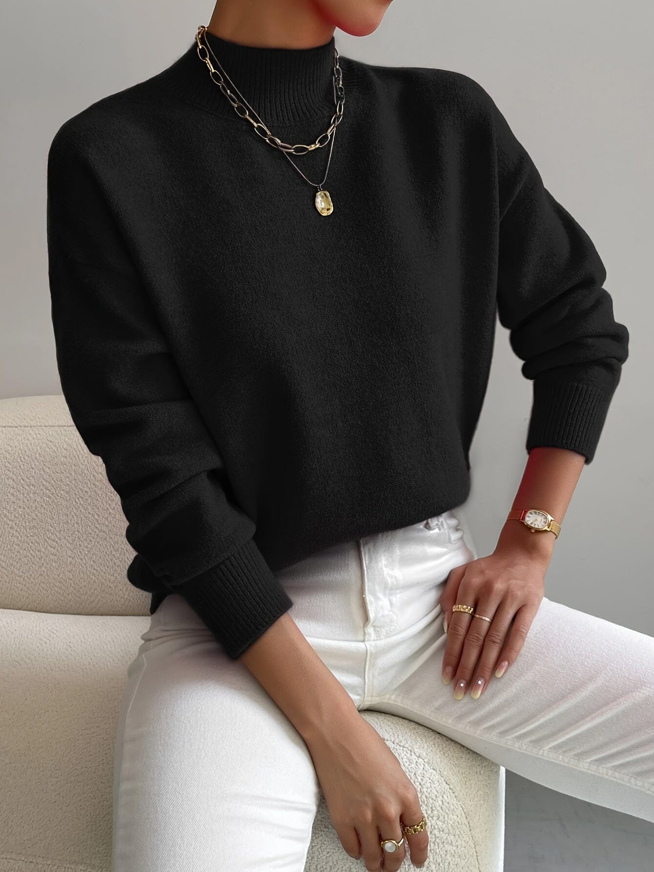 Dames High-Neck Trui – Elegante Gebreide Katoenen Trui, Comfortabel & Veelzijdig
