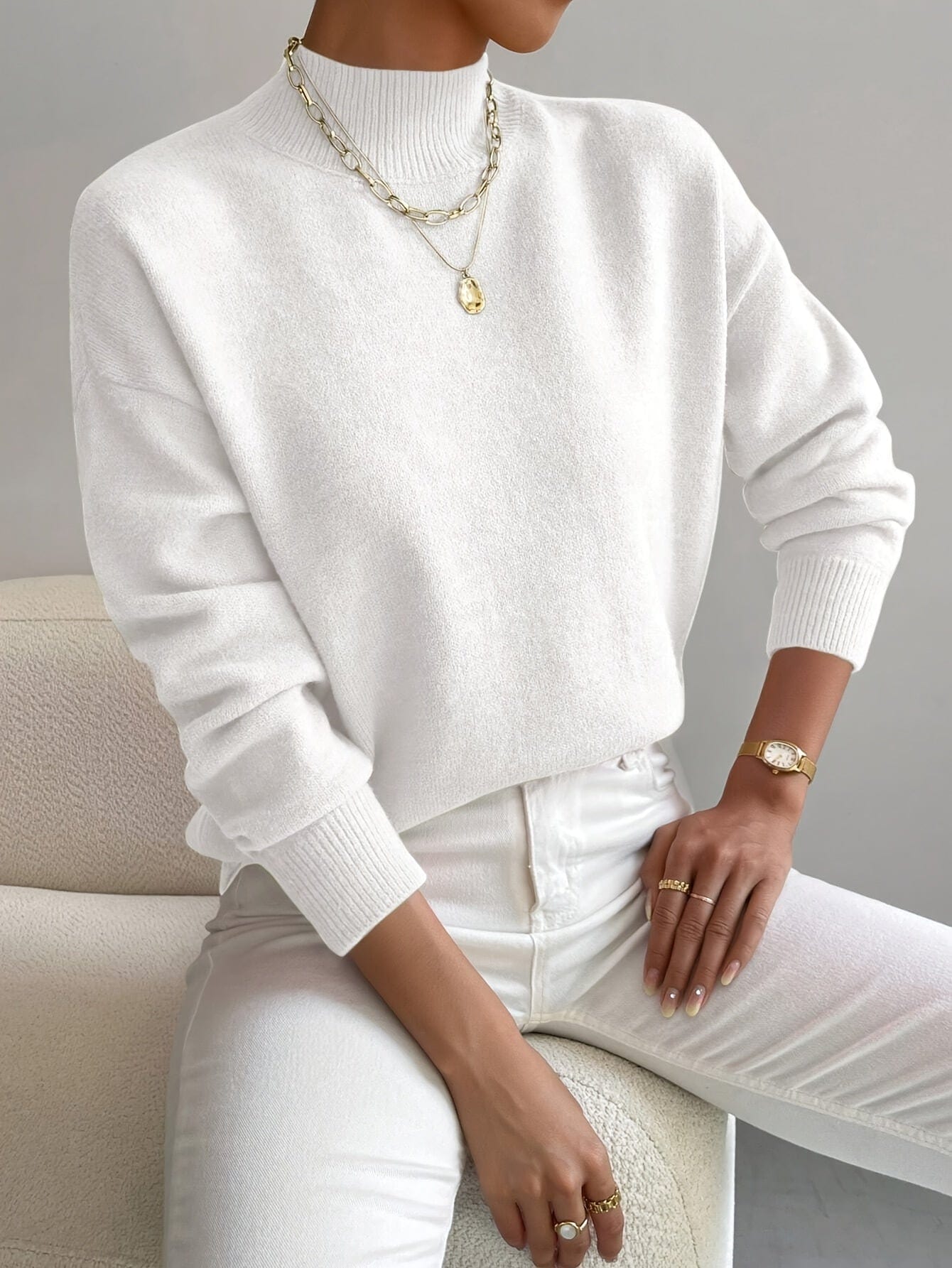 Dames High-Neck Trui – Elegante Gebreide Katoenen Trui, Comfortabel & Veelzijdig