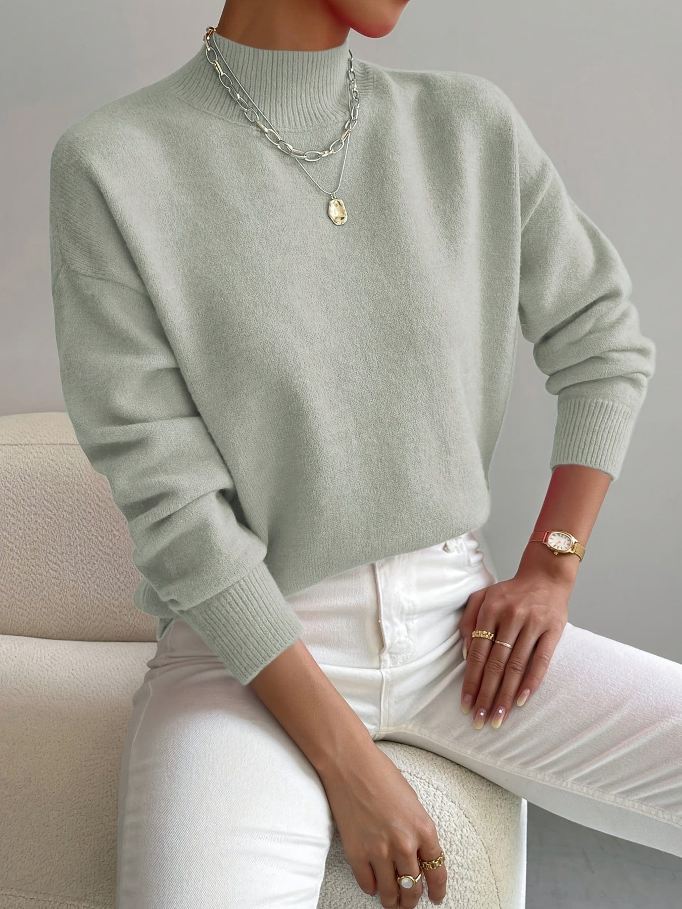 Dames High-Neck Trui – Elegante Gebreide Katoenen Trui, Comfortabel & Veelzijdig