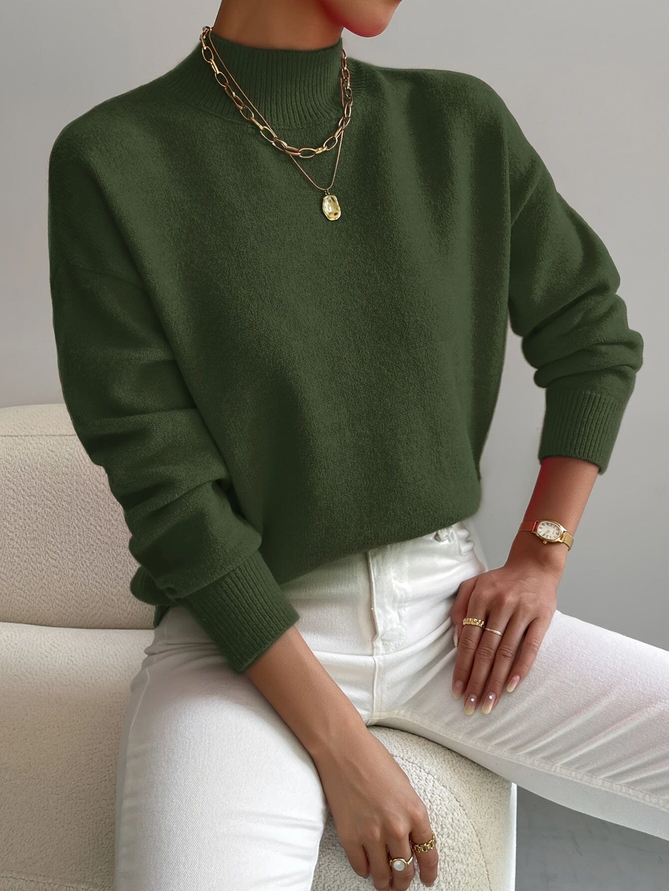 Dames High-Neck Trui – Elegante Gebreide Katoenen Trui, Comfortabel & Veelzijdig