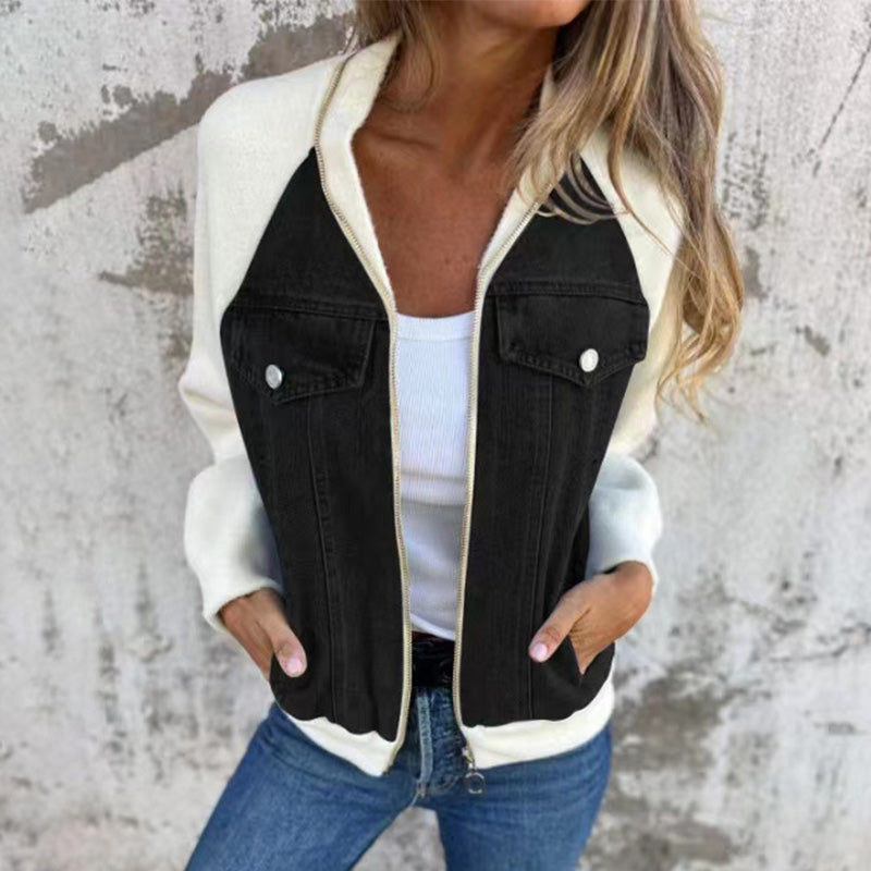Dames Denim Splicing Jas – Trendy Mix van Stoffen, Comfortabel & Ideaal voor Lente en Herfst